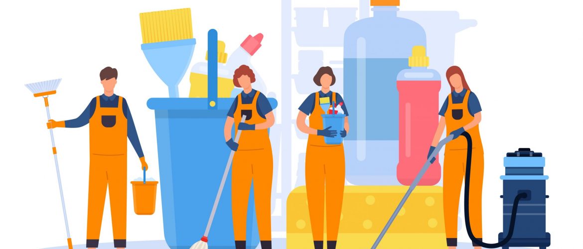 Professional cleaning service team with equipment and tools. Flat men and women cleaners in uniforms with vacuums and brooms vector concept. Employees in uniform with detergents for cleanup
