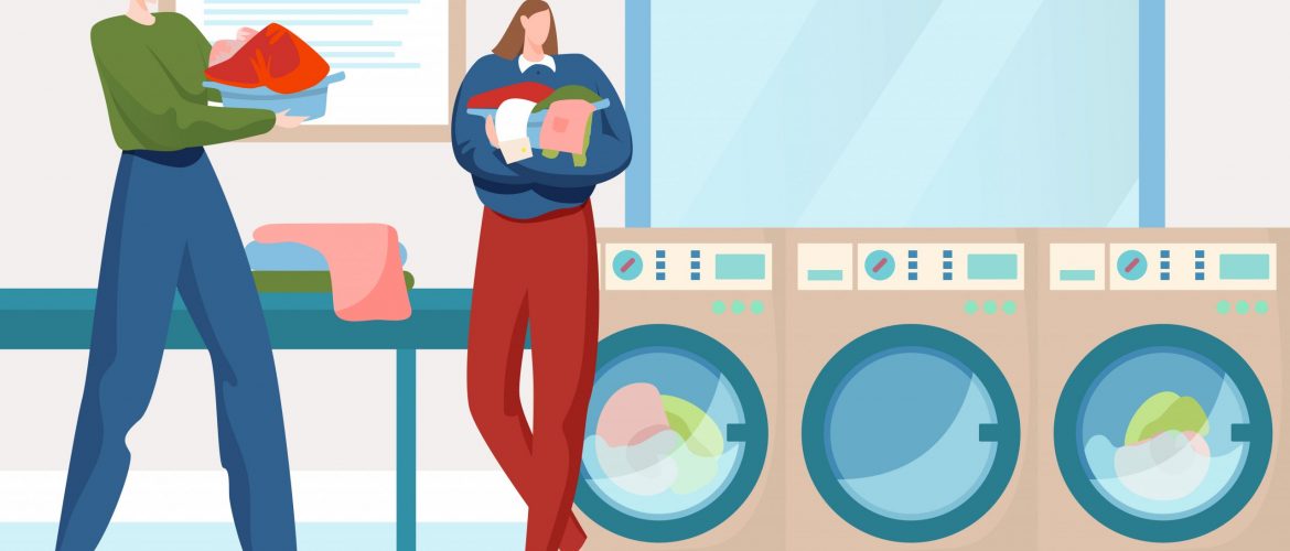 People together wash clothes in public laundry, woman and male hold basket dirty garment flat vector illustration, technology washer machine. Character people concept washhouse service room.